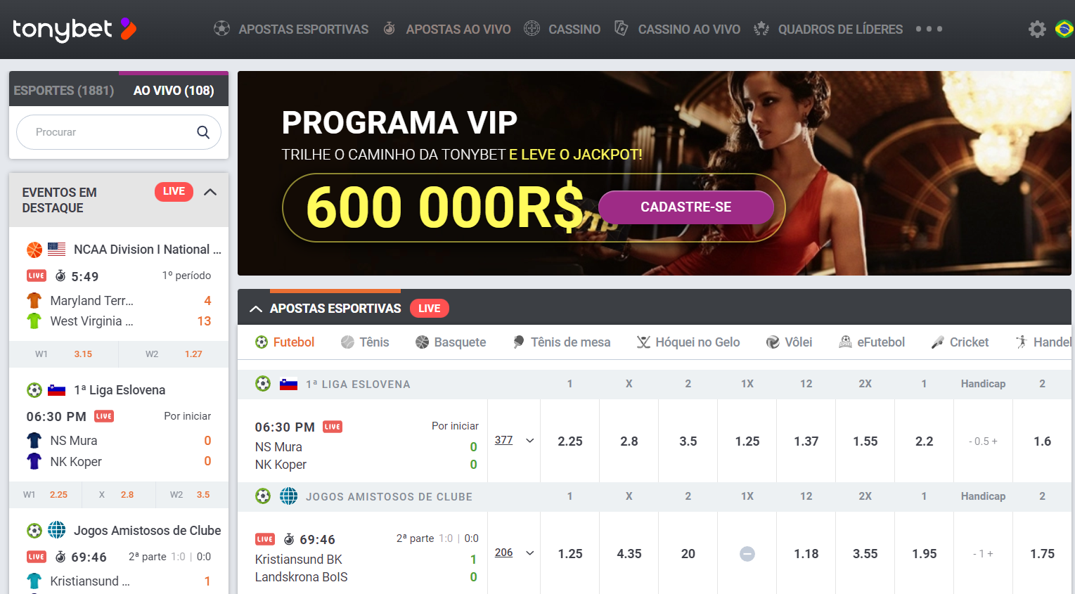 Página inicial da Tonybet